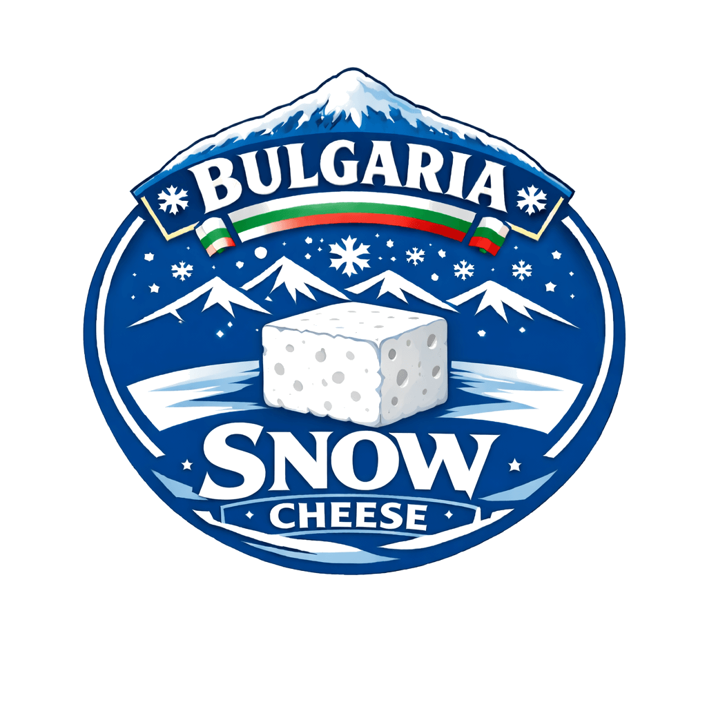 Snowing Cheese mountain logo with ice cubes and snowflakes